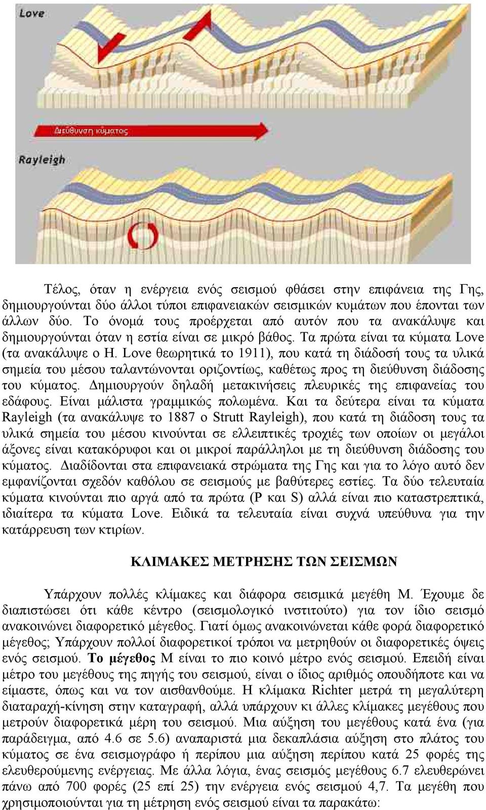 Love θεωρητικά το 1911), που κατά τη διάδοσή τους τα υλικά σημεία του μέσου ταλαντώνονται οριζοντίως, καθέτως προς τη διεύθυνση διάδοσης του κύματος.