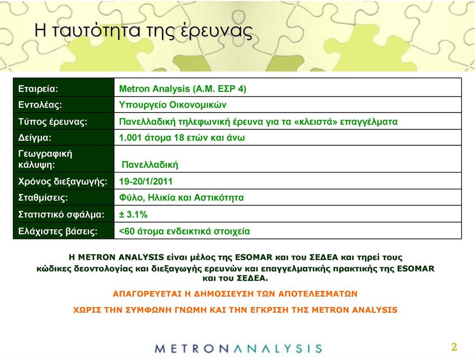 001 άτοµα 18 ετών και άνω Πανελλαδική 19-20/1/2011 Φύλο, Ηλικία και Αστικότητα ± 3.