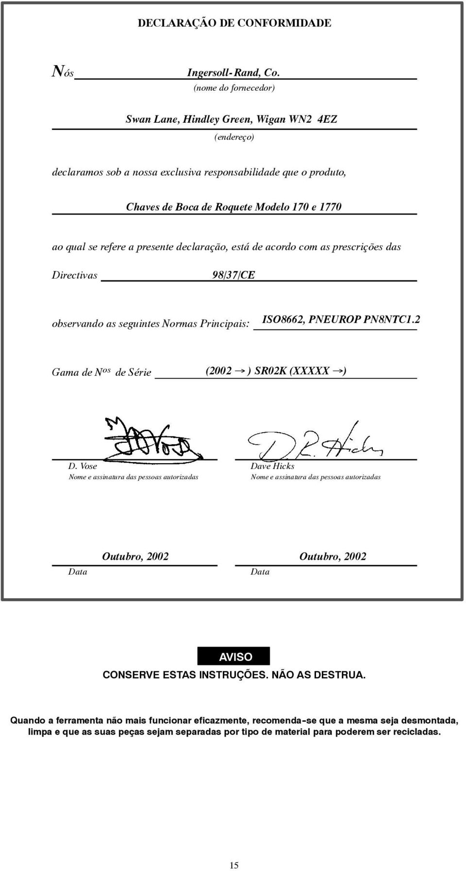 a presente declaração, está de acordo com as prescrições das Directivas 98/37/CE observando as seguintes Normas Principais: ISO8662, PNEUROP PN8NTC1.2 Gama de N os de Série (2002 ) SR02K (XXXXX ) D.