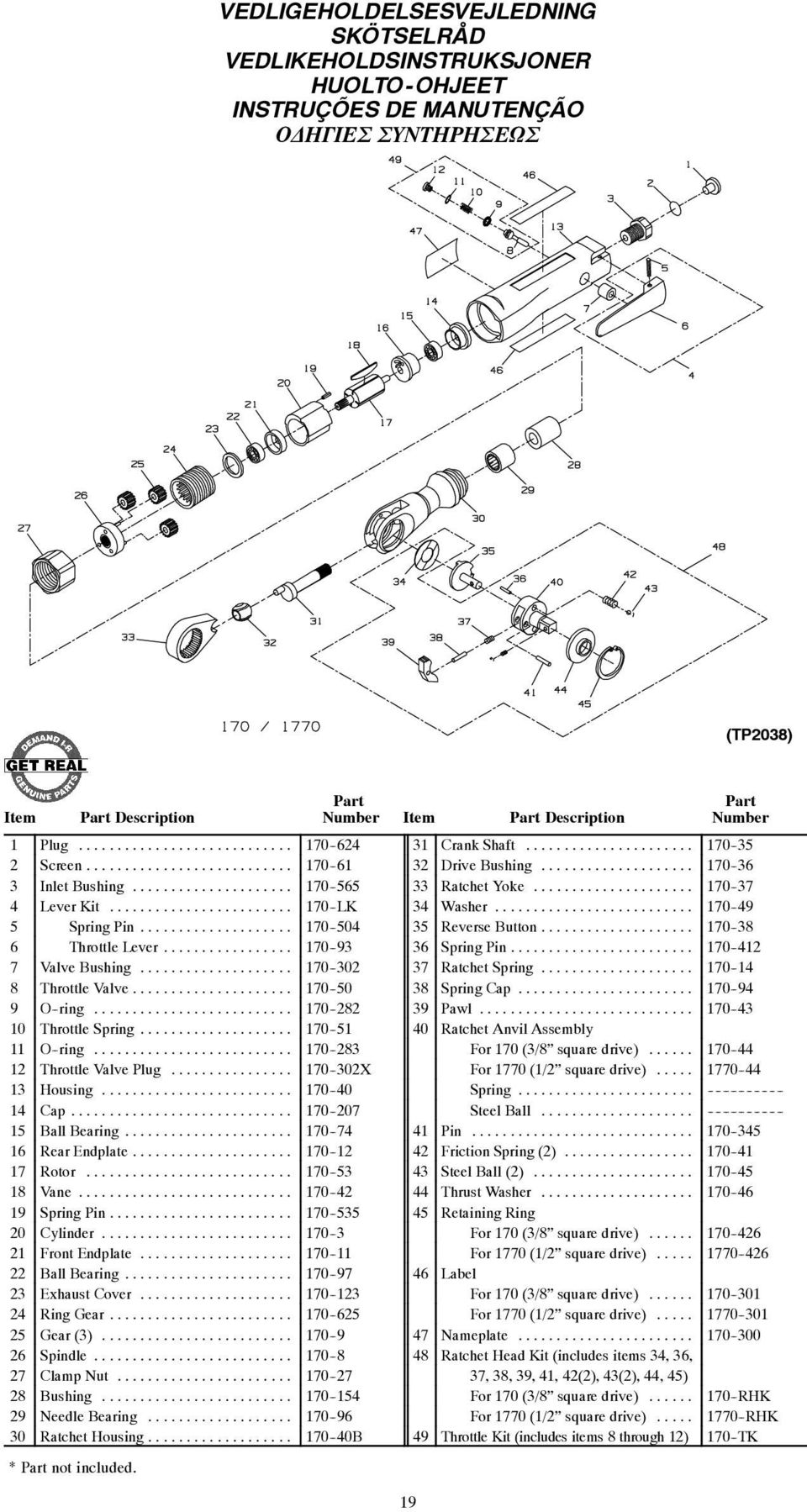 .. 170-504 35 ReverseButton... 170-38 6 Throttle Lever... 170-93 36 SpringPin... 170-412 7 ValveBushing... 170-302 37 RatchetSpring... 170-14 8 Throttle Valve... 170-50 38 SpringCap... 170-94 9 O-ring.