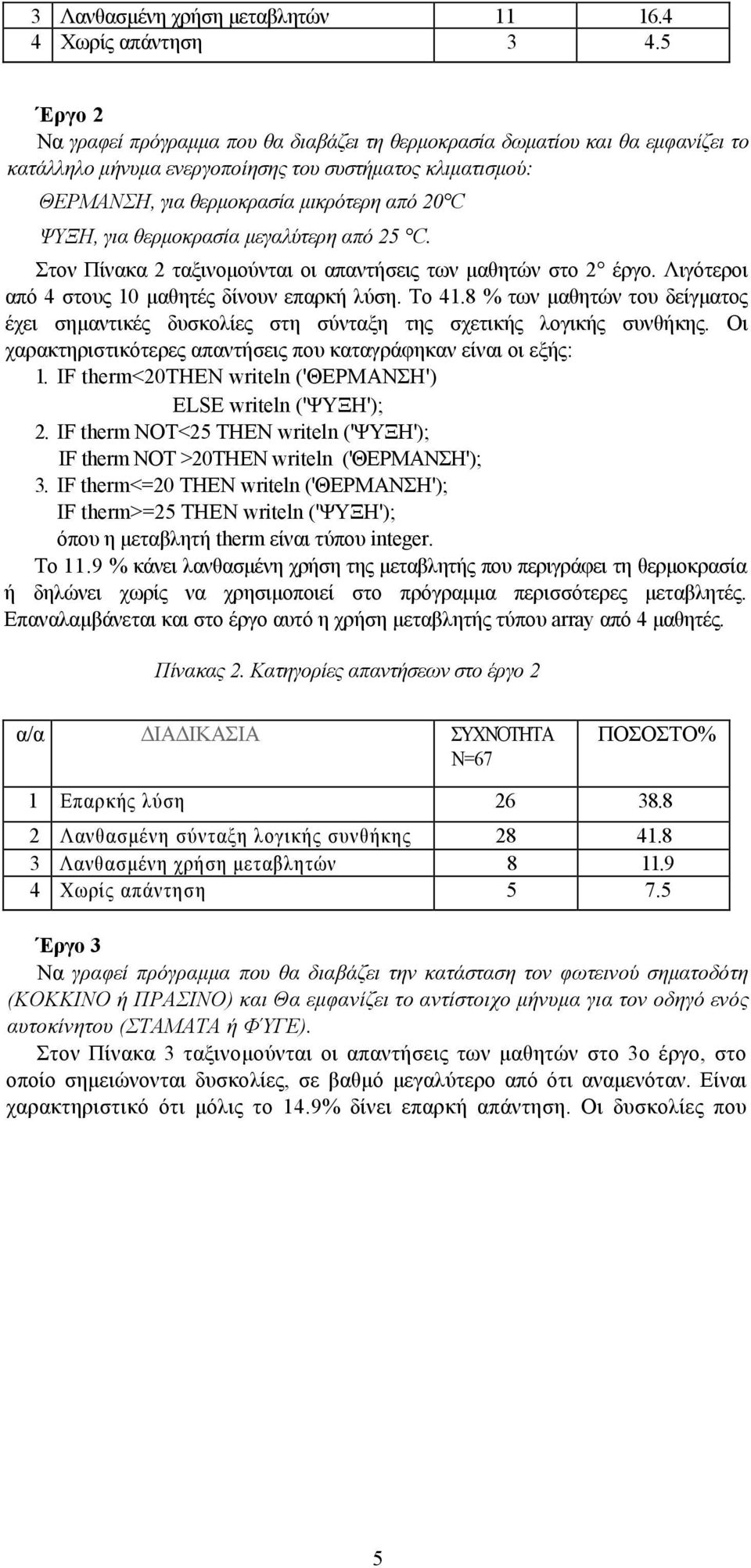 για θερμοκρασία μεγαλύτερη από 25 C. Στον Πίνακα 2 ταξινομούνται οι απαντήσεις των μαθητών στο 2 έργο. Λιγότεροι από 4 στους 10 μαθητές δίνουν επαρκή λύση. Το 41.