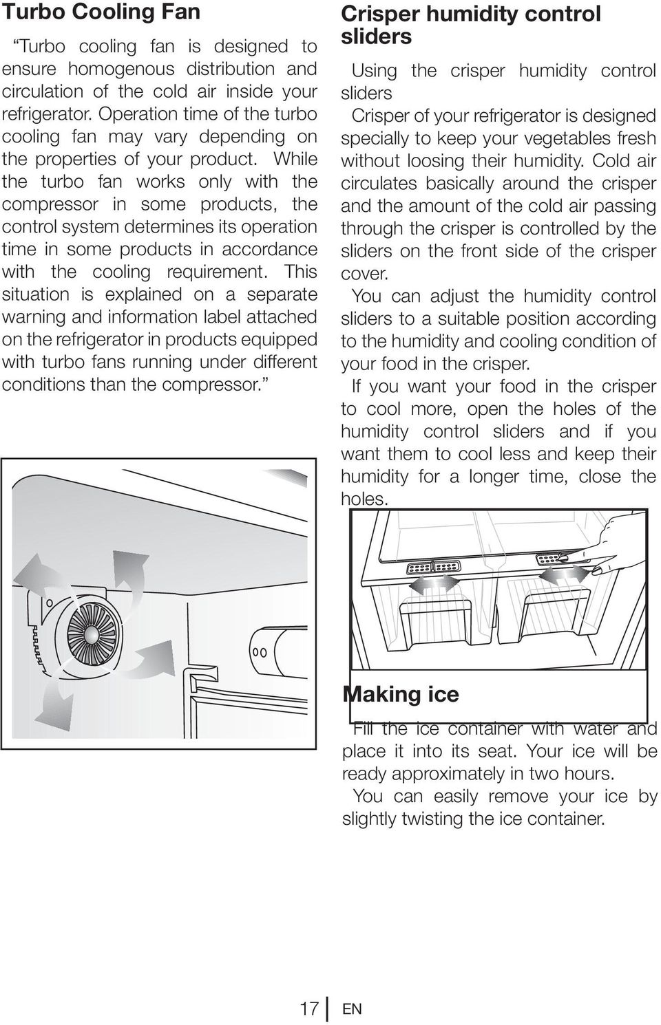 While the turbo fan works only with the compressor in some products, the control system determines its operation time in some products in accordance with the cooling requirement.