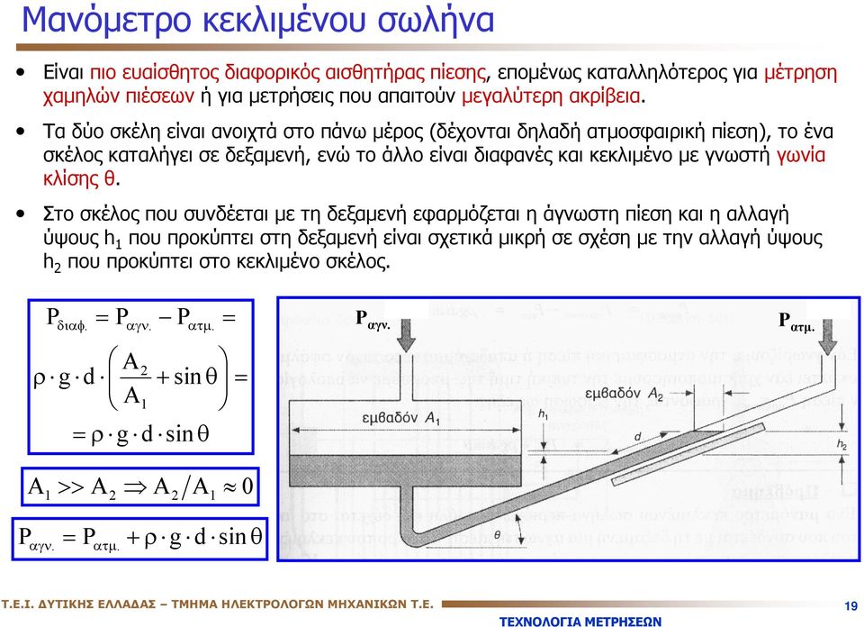 Στο σκέλος που συνδέεται με τη δεξαμενή εφαρμόζεται η άγνωστη πίεση και η αλλαγή ύψους h 1 που προκύπτει στη δεξαμενή είναι σχετικά μικρή σε σχέση με την αλλαγή ύψους h 2 που