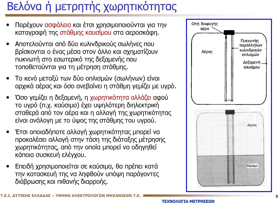 Το κενό μεταξύ των δύο οπλισμών (σωλήνων) είναι αρχικά αέρας και όσο ανεβαίνει η στάθμη γεμίζει με υγρό. Όσο γεμίζει η δεξαμενή, η χωρητικότητα αλλάζει αφού το υγρό (π.χ. καύσιμο) έχει υψηλότερη διηλεκτρική σταθερά από τον αέρα και η αλλαγή της χωρητικότητας είναι ανάλογη με το ύψος της στάθμης του υγρού.