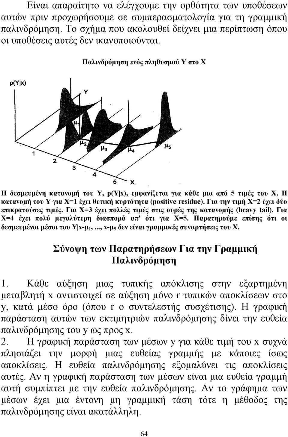 Παλινδρόμηση ενός πληθυσμού Υ στο Χ Η δεσμευμένη κατανομή του Υ, p(υ x), εμφανίζεται για κάθε μια από 5 τιμές του Χ. Η κατανομή του Υ για Χ=1 έχει θετική κυρτότητα (positive residue).