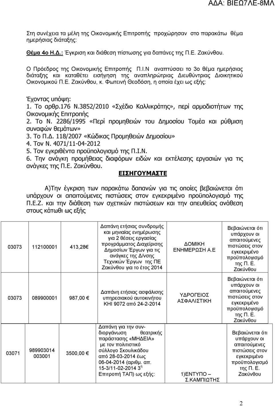 176 Ν.3852/2010 «Σχέδιο Καλλικράτης», περί αρμοδιοτήτων της Οικονομικής Επιτροπής 2. Το Ν. 2286/1995 «Περί προμηθειών του Δημοσίου Τομέα και ρύθμιση συναφών θεμάτων» 3. Το Π.Δ. 118/2007 «Κώδικας Προμηθειών Δημοσίου» 4.