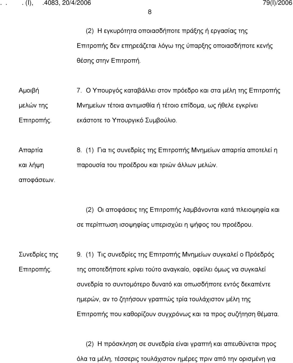 (1) Για τις συνεδρίες της Επιτροπής Μνημείων απαρτία αποτελεί η παρουσία του προέδρου και τριών άλλων μελών. αποφάσεων.