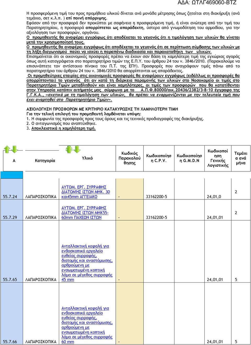 την αξιολόγηση των προσφορών, οργάνου. Ο προμηθευτής θα αναφέρει εγγράφως ότι αποδέχεται το γεγονός ότι η τιμολόγηση των υλικών θα γίνεται μετά την χρησιμοποίησή τους.