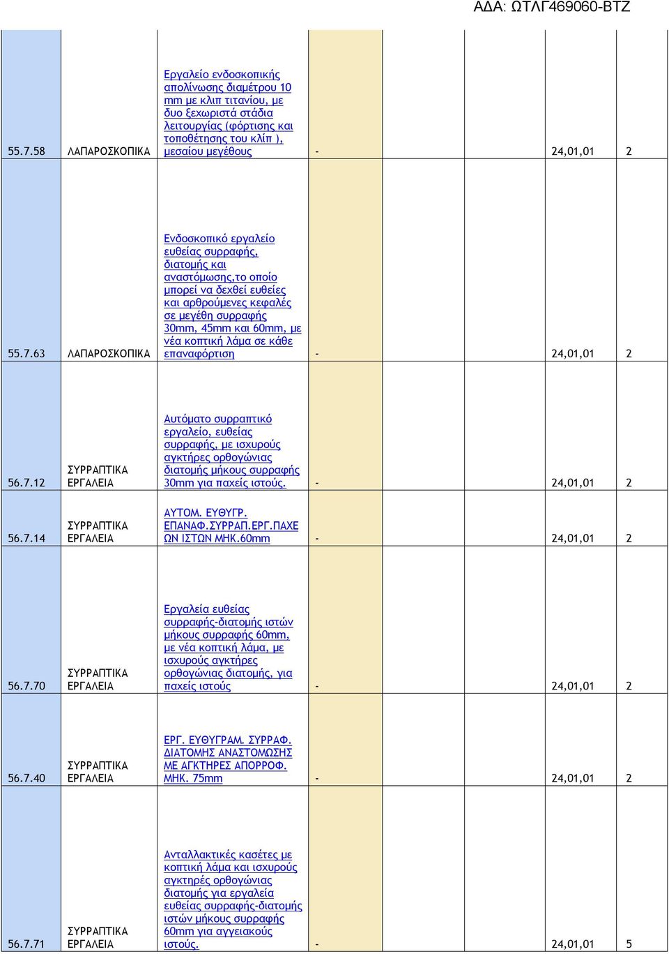 επαναφόρτιση - 24,01,01 2 56.7.12 56.7.14 Αυτόματο συρραπτικό εργαλείο, ευθείας συρραφής, με ισχυρούς αγκτήρες ορθογώνιας διατομής μήκους συρραφής 30mm για παχείς ιστούς. - 24,01,01 2 ΑΥΤΟΜ. ΕΥΘΥΓΡ.