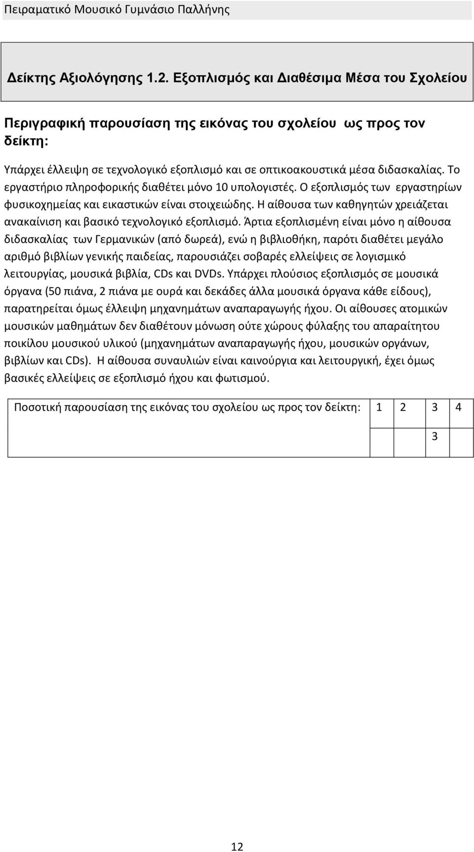 Σο εργαςτιριο πλθροφορικισ διακζτει μόνο 10 υπολογιςτζσ. Ο εξοπλιςμόσ των εργαςτθρίων φυςικοχθμείασ και εικαςτικϊν είναι ςτοιχειϊδθσ.