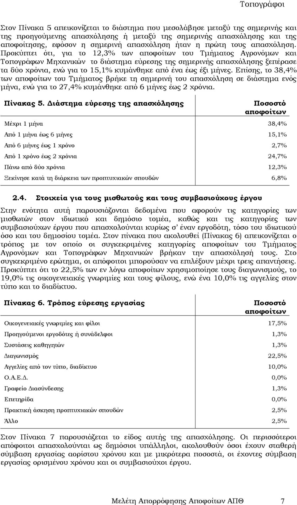 Προκύπτει ότι, για το 12,3% των του Τµήµατος Αγρονόµων και Τοπογράφων Μηχανικών το διάστηµα εύρεσης της σηµερινής απασχόλησης ξεπέρασε τα δύο χρόνια, ενώ για το 15,1% κυµάνθηκε από ένα έως έξι µήνες.