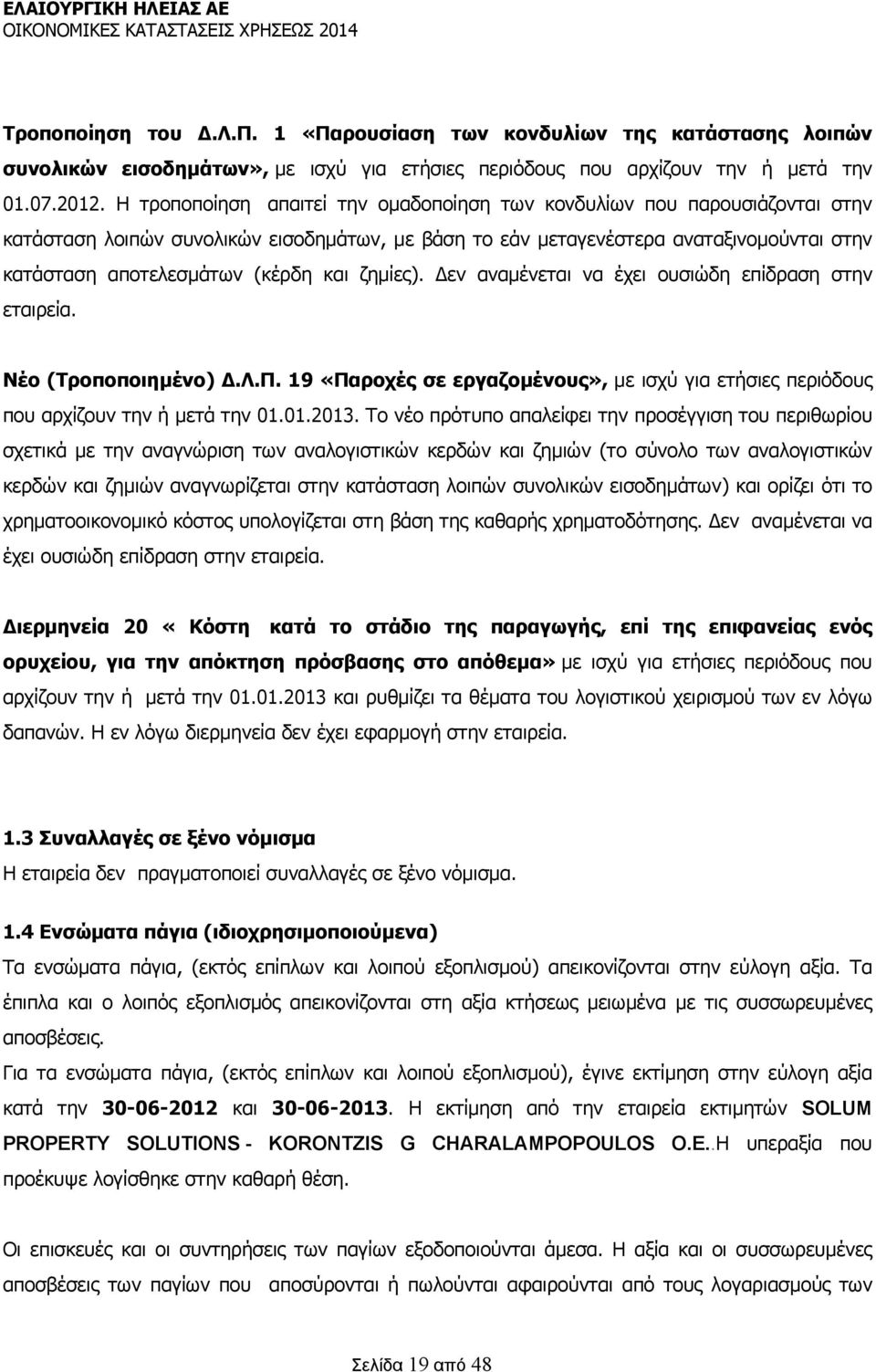 και ζημίες). εν αναμένεται να έχει ουσιώδη επίδραση στην εταιρεία. Νέο (Τροποποιημένο).Λ.Π. 19 «Παροχές σε εργαζομένους», με ισχύ για ετήσιες περιόδους που αρχίζουν την ή μετά την 01.01.2013.