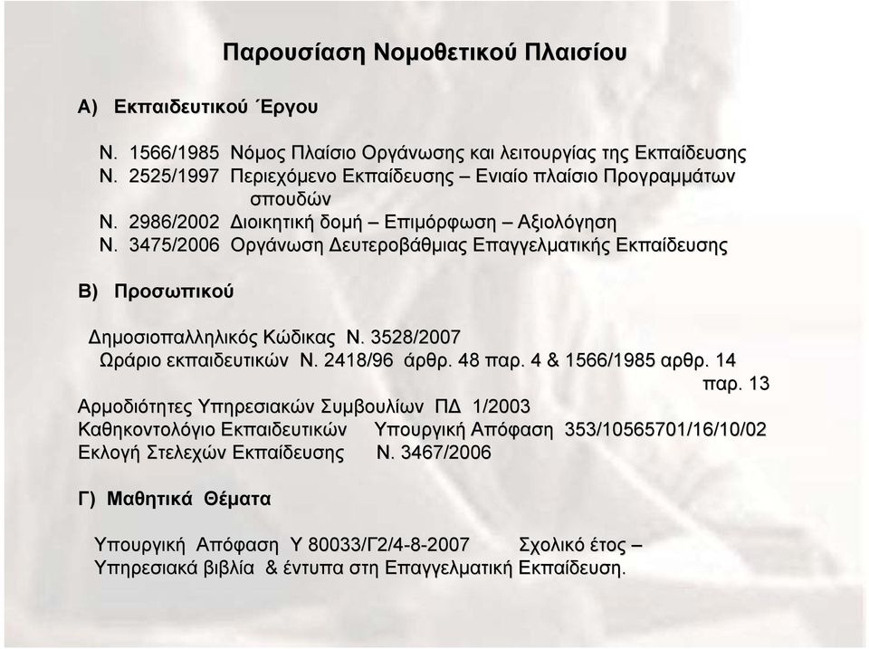 . 3475/2006 Οργάνωση Δευτεροβάθμιας Επαγγελματικής Εκπαίδευσης Β) Προσωπικού Δημοσιοπαλληλικός Κώδικας Ν.. 3528/2007 Ωράριο εκπαιδευτικών Ν.. 2418/96 άρθρ.. 48 παρ.. 4 & 1566/1985 αρθρ.