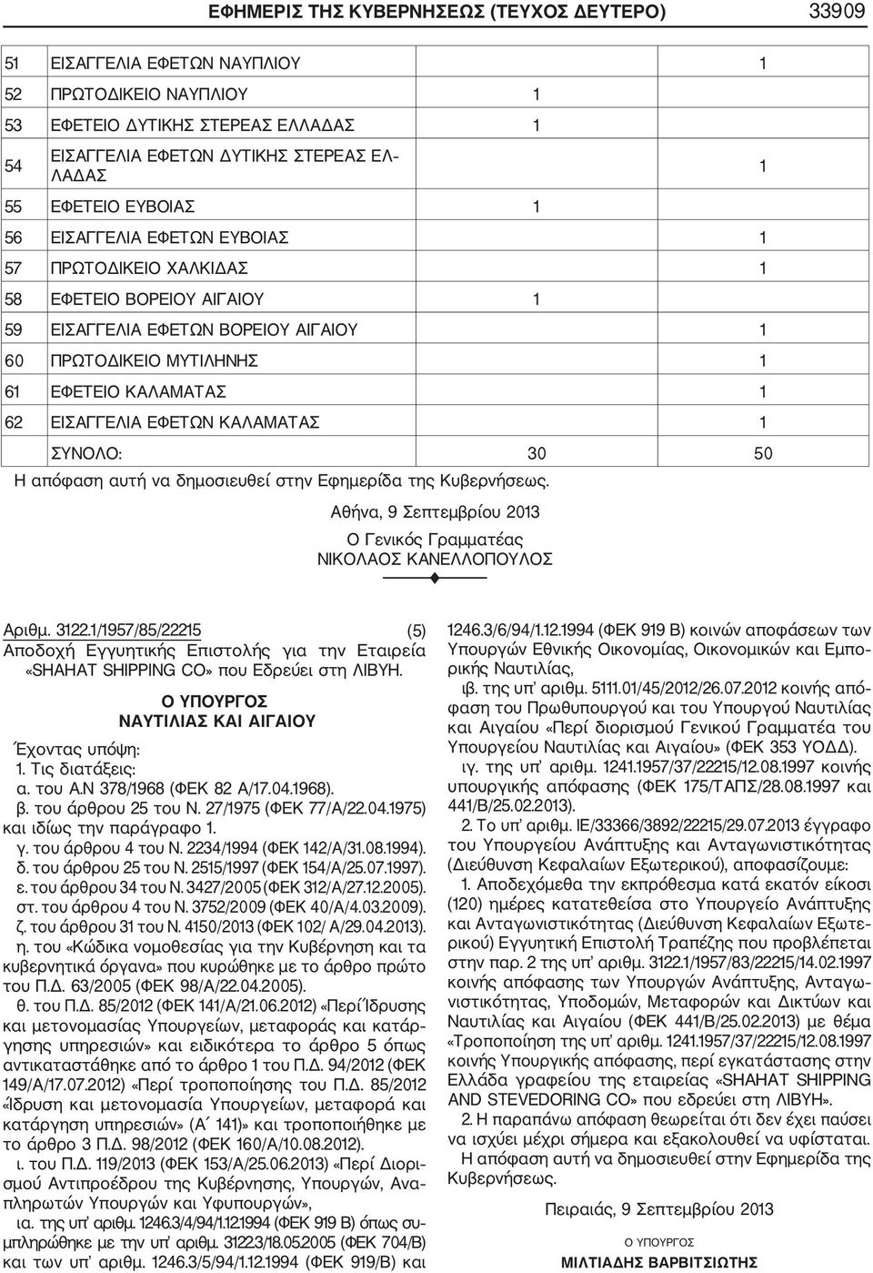 ΕΙΣΑΓΓΕΛΙΑ ΕΦΕΤΩΝ ΚΑΛΑΜΑΤΑΣ 1 ΣΥΝΟΛΟ: 30 50 Αθήνα, 9 Σεπτεμβρίου 2013 Ο Γενικός Γραμματέας ΝΙΚΟΛΑΟΣ ΚΑΝΕΛΛΟΠΟΥΛΟΣ F Αριθμ. 3122.