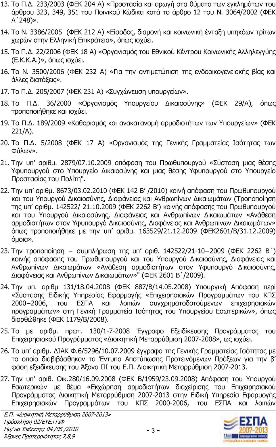 . 22/2006 (ΦΕΚ 18 Α) «Οργανισµός του Εθνικού Κέντρου Κοινωνικής Αλληλεγγύης (Ε.Κ.Κ.Α.)», όπως ισχύει. 16. Το Ν.