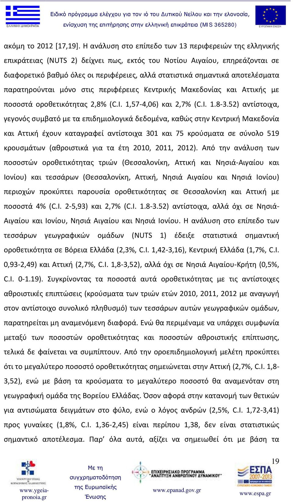 αποτελέσματα παρατηρούνται μόνο στις περιφέρειες Κεντρικής Μακεδονίας και Αττικής με ποσοστά οροθετικότητας 2,8% (C.I. 1,57-4,06) και 2,7% (C.I. 1.8-3.