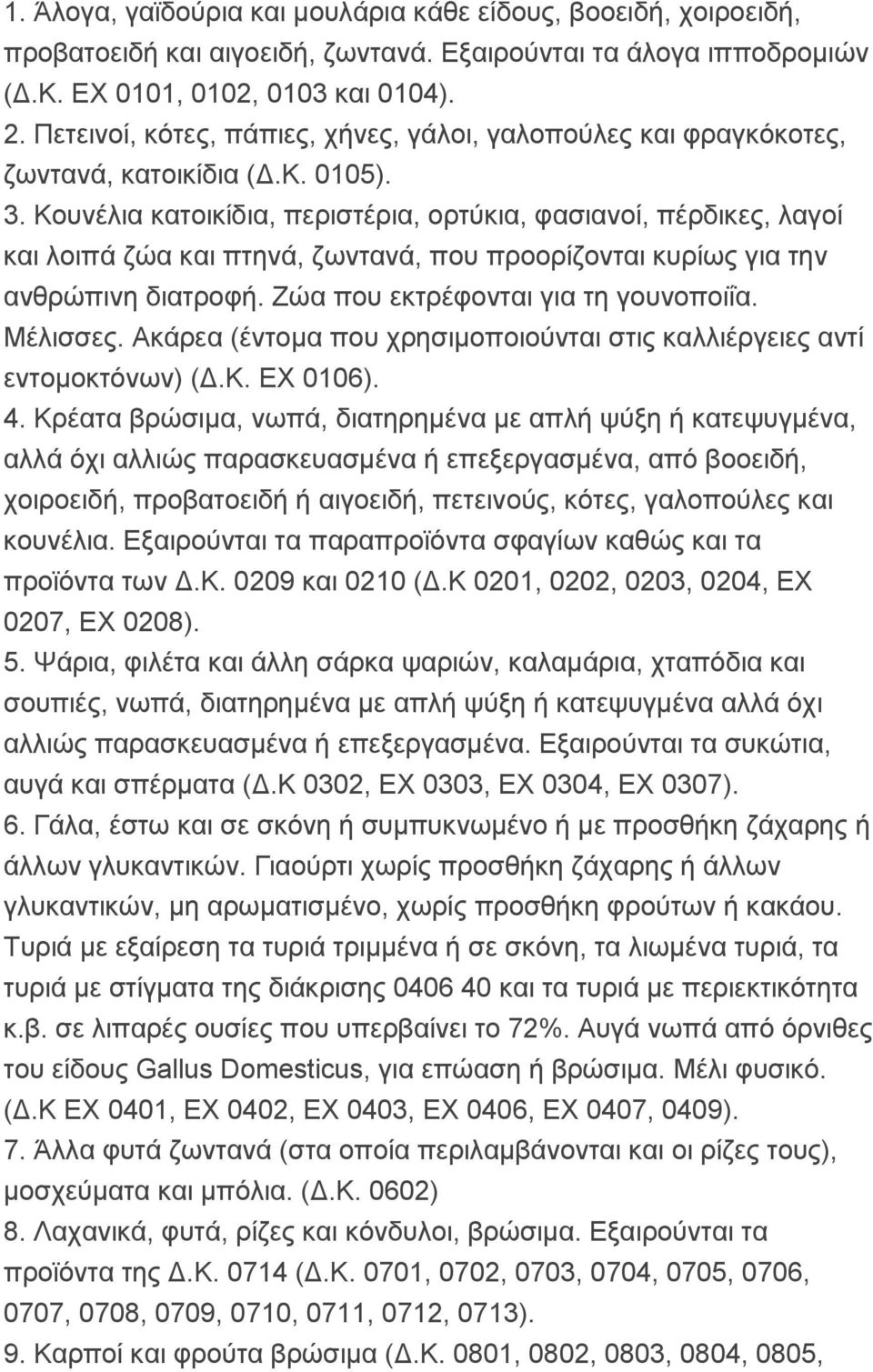 Κουνέλια κατοικίδια, περιστέρια, ορτύκια, φασιανοί, πέρδικες, λαγοί και λοιπά ζώα και πτηνά, ζωντανά, που προορίζονται κυρίως για την ανθρώπινη διατροφή. Ζώα που εκτρέφονται για τη γουνοποιΐα.