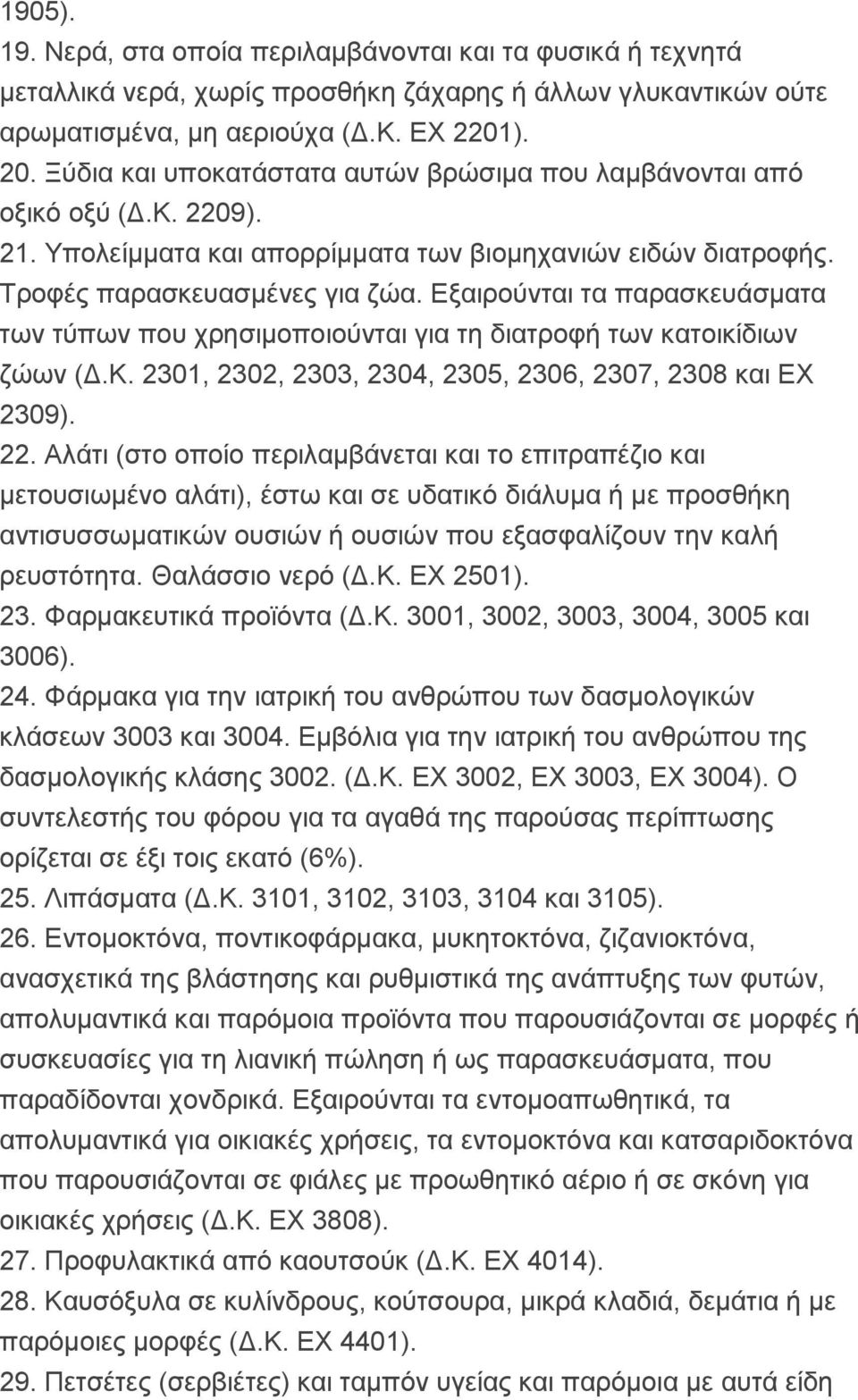 Εξαιρούνται τα παρασκευάσματα των τύπων που χρησιμοποιούνται για τη διατροφή των κατοικίδιων ζώων (Δ.Κ. 2301, 2302, 2303, 2304, 2305, 2306, 2307, 2308 και ΕΧ 2309). 22.