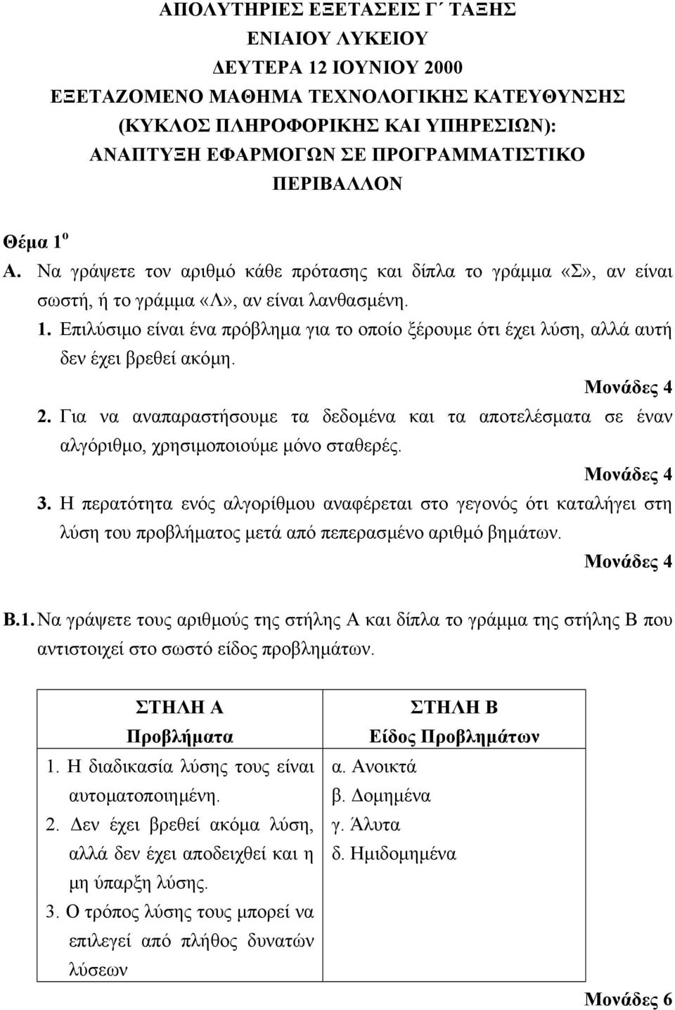 Μονάδες 4 2. Για να αναπαραστήσουµε τα δεδοµένα και τα αποτελέσµατα σε έναν αλγόριθµο, χρησιµοποιούµε µόνο σταθερές. Μονάδες 4 3.