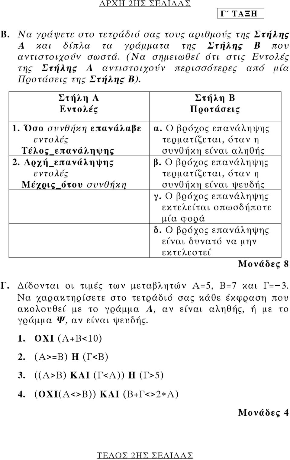 Αρχή_επανάληψης εντολές Μέχρις_ότου συνθήκη Στήλη Β Προτάσεις α. Ο βρόχος επανάληψης τερµατίζεται, όταν η συνθήκη είναι αληθής β. Ο βρόχος επανάληψης τερµατίζεται, όταν η συνθήκη είναι ψευδής γ.