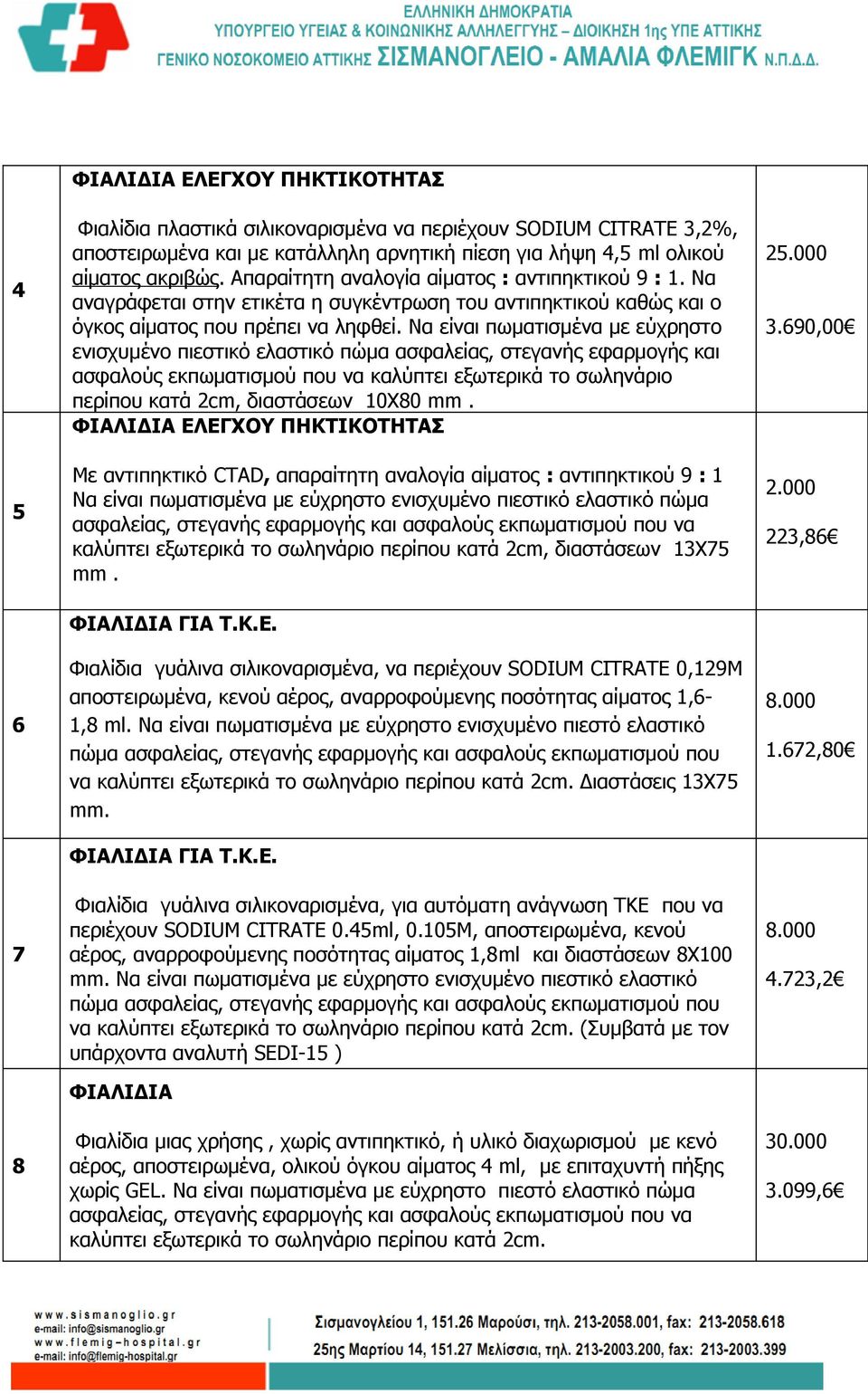 Να είναι πωματισμένα με εύχρηστο ενισχυμένο πιεστικό ελαστικό πώμα ασφαλείας, στεγανής εφαρμογής και ασφαλούς εκπωματισμού που να καλύπτει εξωτερικά το σωληνάριο περίπου κατά 2cm, διαστάσεων 10Χ80 mm.