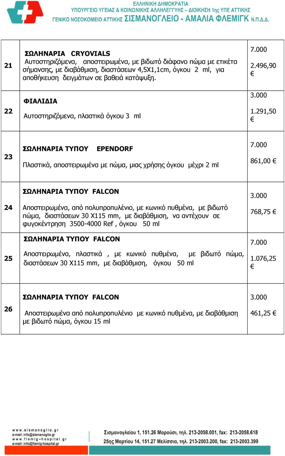 000 861,00 24 25 ΤΥΠΟΥ FALCON Αποστειρωμένα, από πολυπροπυλένιο, με κωνικό πυθμένα, με βιδωτό πώμα, διαστάσεων 30 X115 mm, με διαβάθμιση, να αντέχουν σε φυγοκέντρηση 3500-4000 Ref, όγκου 50 ml ΤΥΠΟΥ