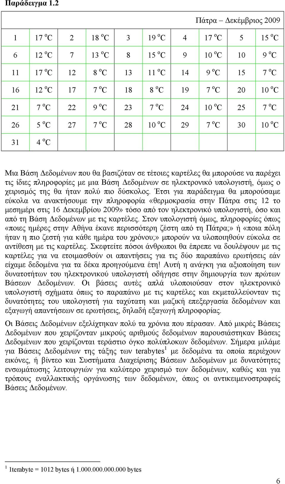 10 ο C 21 7 ο C 22 9 ο C 23 7 ο C 24 10 ο C 25 7 ο C 26 5 ο C 27 7 ο C 28 10 ο C 29 7 ο C 30 10 ο C 31 4 ο C Μια Βάση εδοµένων που θα βασιζόταν σε τέτοιες καρτέλες θα µπορούσε να παρέχει τις ίδιες