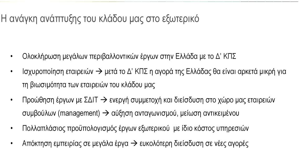 µε Σ ΙΤ ενεργή συµµετοχή και διείσδυση στο χώρο µας εταιρειών συµβούλων (management) αύξηση ανταγωνισµού, µείωση αντικειµένου