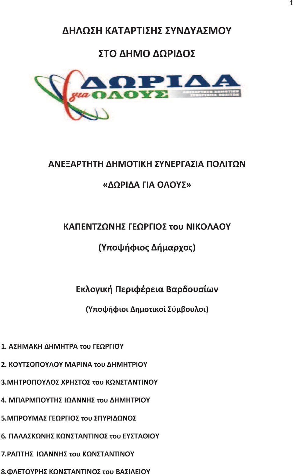 ΑΣΗΜΑΚΗ ΔΗΜΗΤΡΑ του ΓΕΩΡΓΙΟΥ 2. ΚΟΥΤΣΟΠΟΥΛΟΥ ΜΑΡΙΝΑ του ΔΗΜΗΤΡΙΟΥ 3.ΜΗΤΡΟΠΟΥΛΟΣ ΧΡΗΣΤΟΣ του ΚΩΝΣΤΑΝΤΙΝΟΥ 4.