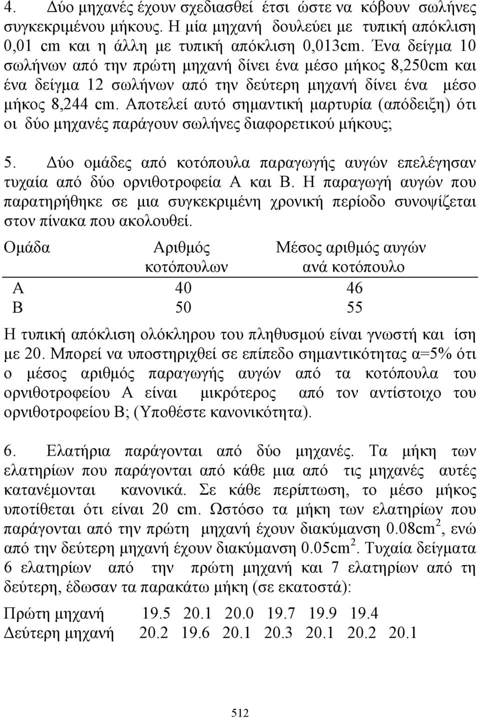 Αποτελεί αυτό σημαντική μαρτυρία (απόδειξη) ότι οι δύο μηχανές παράγουν σωλήνες διαφορετικού μήκους; 5. Δύο ομάδες από κοτόπουλα παραγωγής αυγών επελέγησαν τυχαία από δύο ορνιθοτροφεία Α και Β.