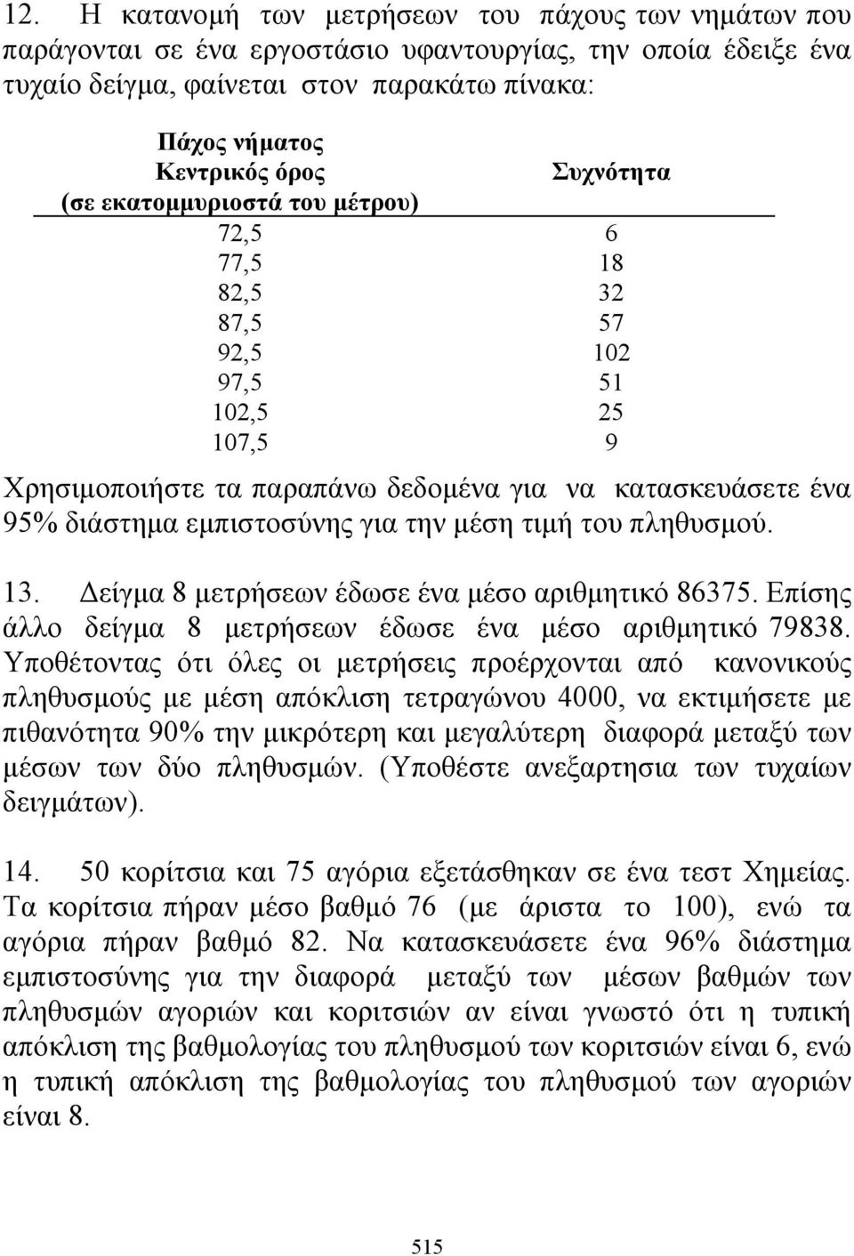 μέση τιμή του πληθυσμού. 13. Δείγμα 8 μετρήσεων έδωσε ένα μέσο αριθμητικό 86375. Επίσης άλλο δείγμα 8 μετρήσεων έδωσε ένα μέσο αριθμητικό 79838.