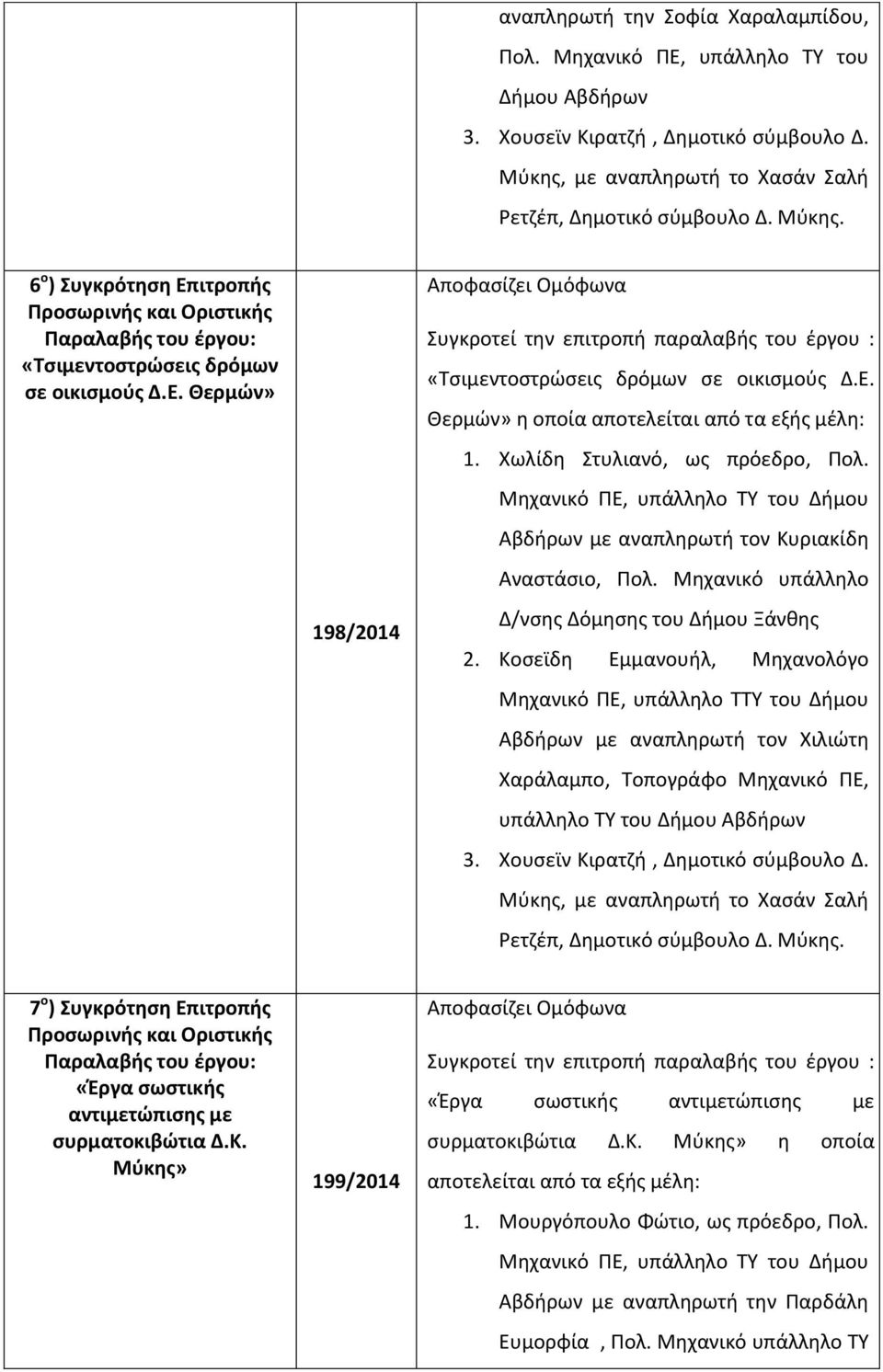 Κοςεϊδθ Εμμανουιλ, Μθχανολόγο Μθχανικό ΠΕ, υπάλλθλο ΣΣΤ του Διμου Αβδιρων με αναπλθρωτι τον Χιλιϊτθ Χαράλαμπο, Σοπογράφο Μθχανικό ΠΕ, υπάλλθλο ΣΤ του Διμου Αβδιρων 7 ο ) υγκρότθςθ Επιτροπισ «Ζργα