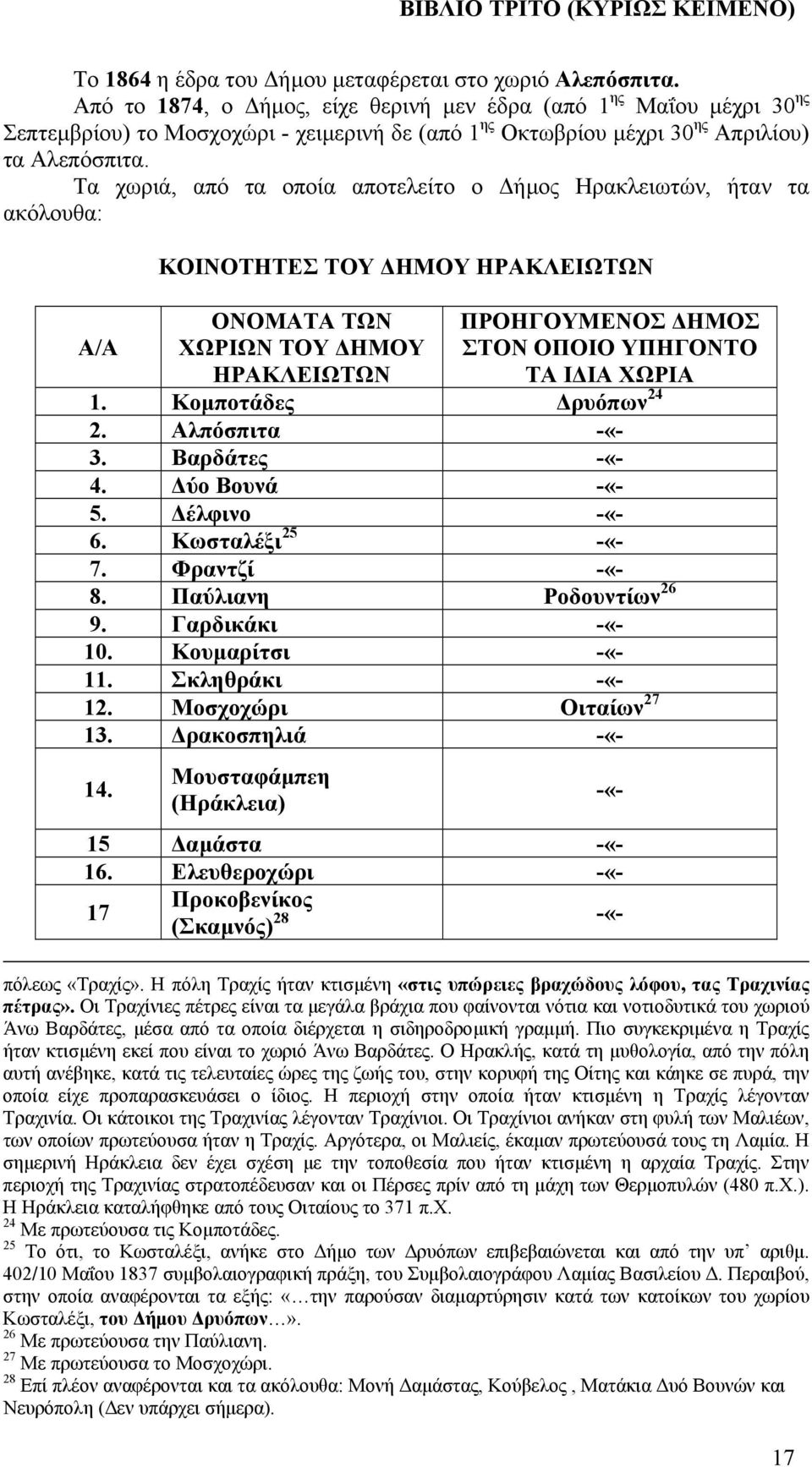 Τα χωριά, από τα οποία αποτελείτο ο ήµος Ηρακλειωτών, ήταν τα ακόλουθα: Α/Α ΚΟΙΝΟΤΗΤΕΣ ΤΟΥ ΗΜΟΥ ΗΡΑΚΛΕΙΩΤΩΝ ΟΝΟΜΑΤΑ ΤΩΝ ΧΩΡΙΩΝ ΤΟΥ ΗΜΟΥ ΗΡΑΚΛΕΙΩΤΩΝ ΠΡΟΗΓΟΥΜΕΝΟΣ ΗΜΟΣ ΣΤΟΝ ΟΠΟΙΟ ΥΠΗΓΟΝΤΟ ΤΑ Ι ΙΑ ΧΩΡΙΑ