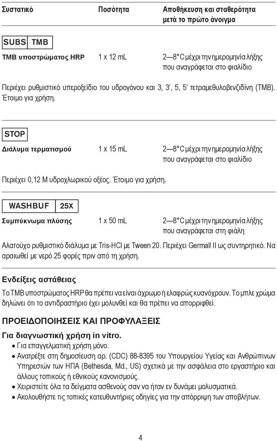 STOP Διάλυμα τερματισμού 1 x 15 ml 2 8 C μέχρι την ημερομηνία λήξης που αναγράφεται στο φιαλίδιο Περιέχει 0,12 M υδροχλωρικού οξέος. Έτοιμο για χρήση.