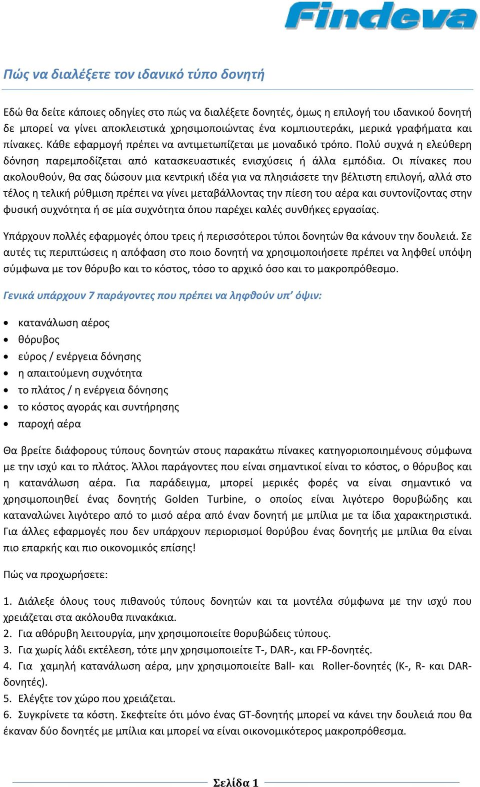 Οι πίνακες που ακολουθούν, θα σας δώσουν μια κεντρική ιδέα για να πλησιάσετε την βέλτιστη επιλογή, αλλά στο τέλος η τελική ρύθμιση πρέπει να γίνει μεταβάλλοντας την πίεση του αέρα και συντονίζοντας