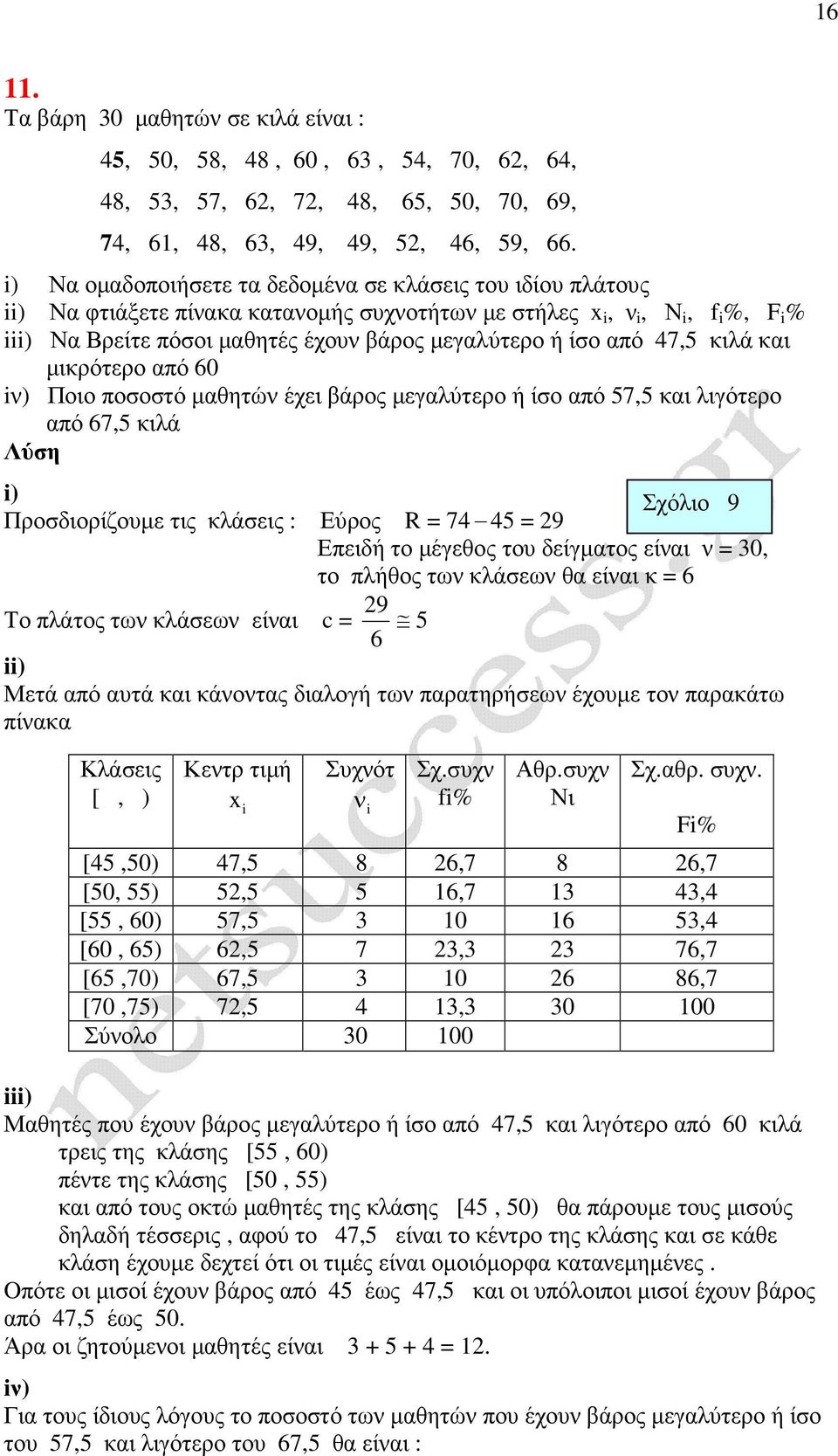 µικρότερο από 60 ) Ποιο ποσοστό µαθητώ έχει βάρος µεγαλύτερο ή ίσο από 57,5 και λιγότερο από 67,5 κιλά ) Σχόλιο 9 Προσδιορίζουµε τις κλάσεις : Εύρος R = 74 45 = 9 Επειδή το µέγεθος του δείγµατος είαι