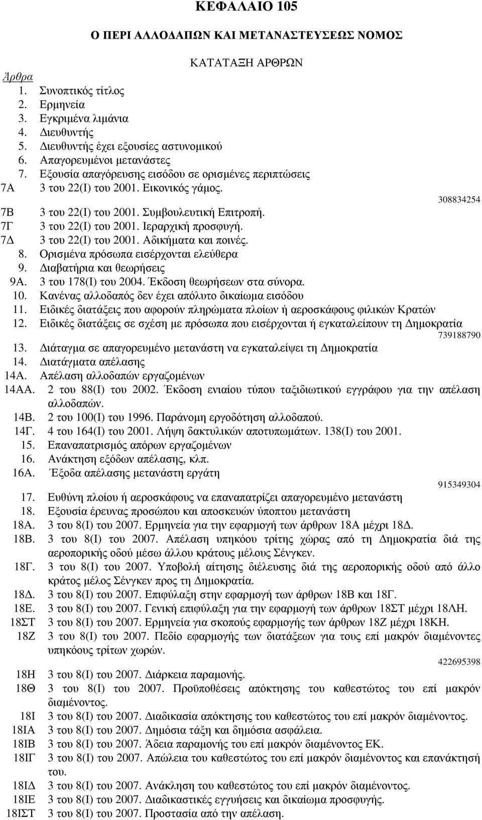 7Γ 3 του 22(Ι) του 2001. Ιεραρχική προσφυγή. 7 3 του 22(Ι) του 2001. Αδικήµατα και ποινές. 8. Ορισµένα πρόσωπα εισέρχονται ελεύθερα 9. ιαβατήρια και θεωρήσεις 9Α. 3 του 178(Ι) του 2004.