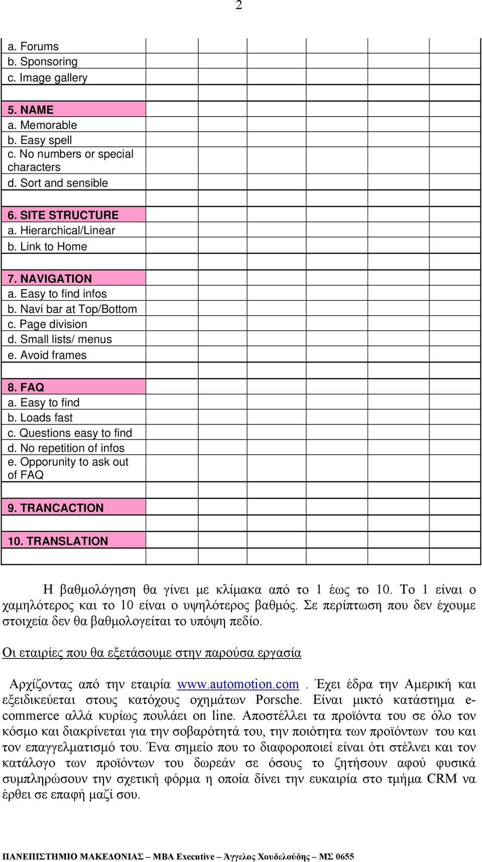 No repetition of infos e. Opporunity to ask out of FAQ 9. TRANCACTION 10. TRANSLATION Η βαθμολόγηση θα γίνει με κλίμακα από το 1 έως το 10.