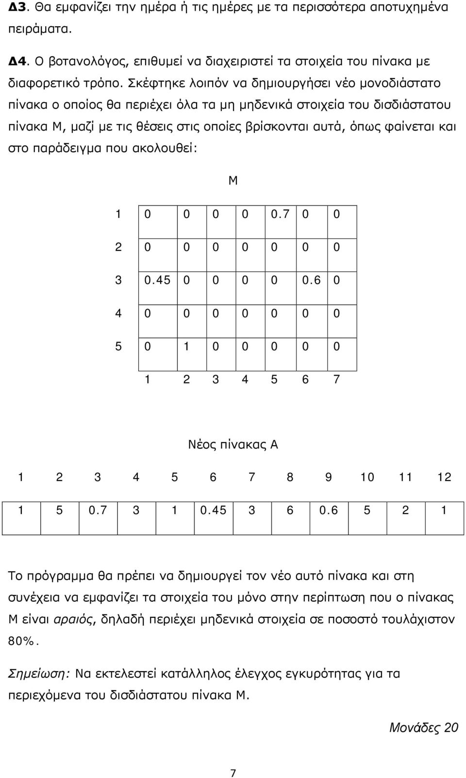στο παράδειγμα που ακολουθεί: Μ 1 0 0 0 0 0.7 0 0 2 0 0 0 0 0 0 0 3 0.45 0 0 0 0 0.6 0 4 0 0 0 0 0 0 0 5 0 1 0 0 0 0 0 1 2 3 4 5 6 7 Νέος πίνακας Α 1 2 3 4 5 6 7 8 9 10 11 12 1 5 0.7 3 1 0.45 3 6 0.