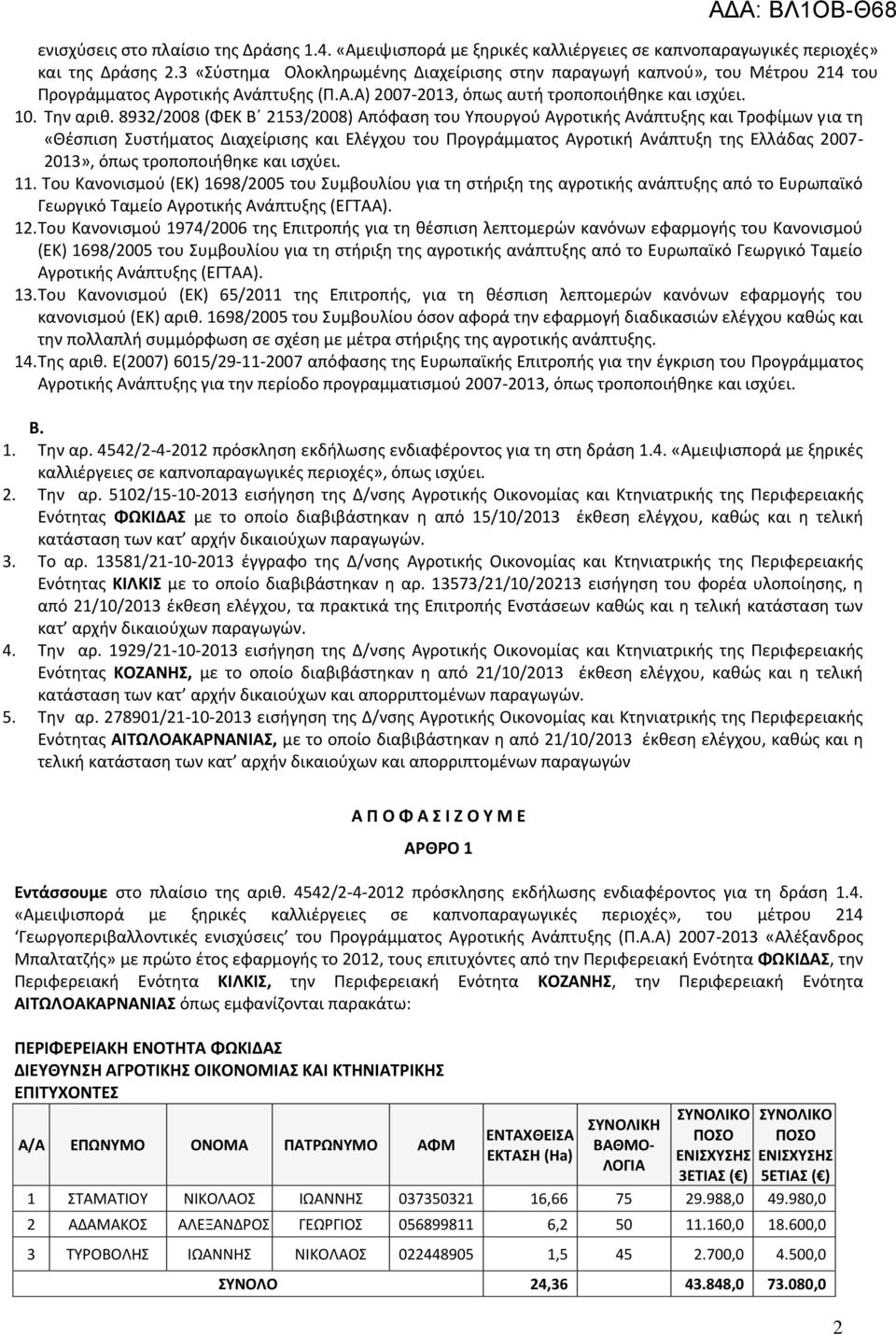 8932/2008 (ΦΕΚ Β 2153/2008) Απόφαση του Υπουργού Αγροτικής Ανάπτυξης και Τροφίμων για τη «Θέσπιση Συστήματος Διαχείρισης και Ελέγχου του Προγράμματος Αγροτική Ανάπτυξη της Ελλάδας 2007-2013», όπως