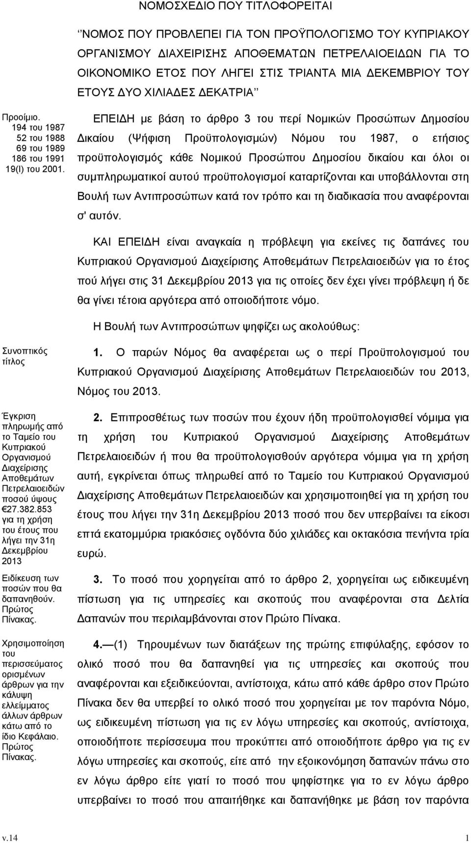 ΕΠΕΙΔΗ με βάση το άρθρο 3 του περί Νομικών Προσώπων Δημοσίου Δικαίου (Ψήφιση Προϋπολογισμών) Νόμου του 1987, ο ετήσιος προϋπολογισμός κάθε Νομικού Προσώπου Δημοσίου δικαίου και όλοι οι