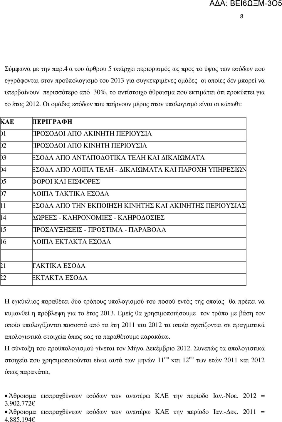 αντίστοιχο άθροισµα που εκτιµάται ότι προκύπτει για το έτος 2012.