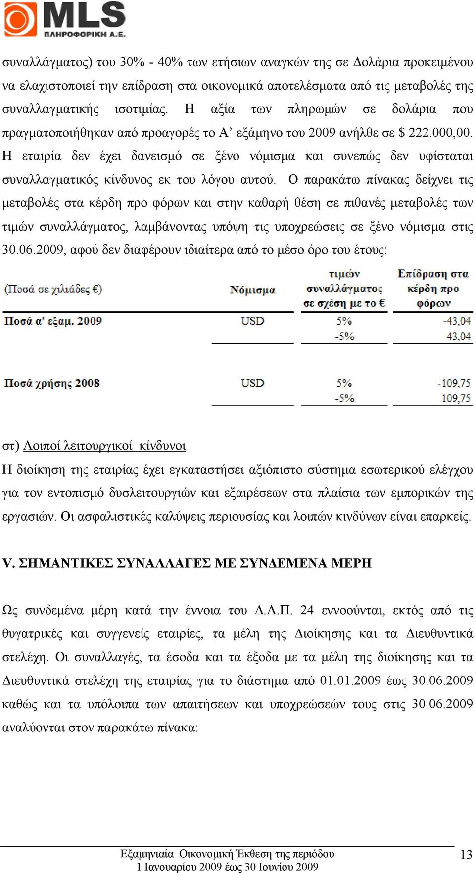 Η εταιρία δεν έχει δανεισµό σε ξένο νόµισµα και συνεπώς δεν υφίσταται συναλλαγµατικός κίνδυνος εκ του λόγου αυτού.