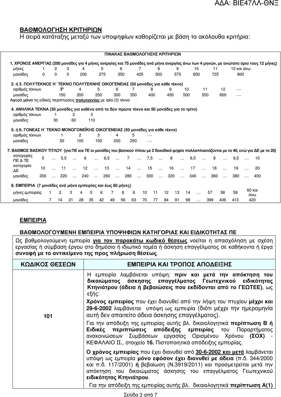 425 500 575 650 725 800 2. ή 3. ΠΟΛΥΤΕΚΝΟΣ Η ΤΕΚΝΟ ΠΟΛΥΤΕΚΝΗΣ ΟΙΚΟΓΕΝΕΙΑΣ (50 µονάδες για κάθε τέκνο) αριθµός τέκνων 3* 4 5 6 7 8 9 10 11 12. µονάδες 150 200 250 300 350 400 450 500 550 600.