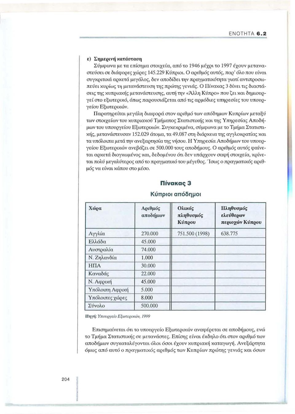 Ο Πίνακας 3 δίνει τις διαστάσεις της κυπριακής μετανάστευσης, αυτή την «Άλλη Κύπρο» που ζει και δημιουργεί στο εξωτερικό, όπως παρουσιάζεται από τις αρμόδιες υπηρεσίες του υπουργείου Εξωτερικών.