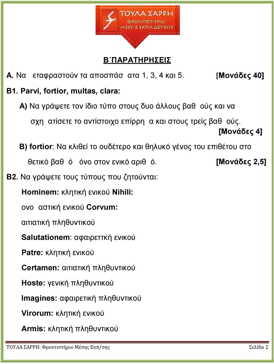 Β) fortior: Να κλιθεί το ουδέτερο και θηλυκό γένος του επιθέτου στο θετικό βαθμό μόνο στον ενικό αριθμό. [Μονάδες 2,5] Β2.