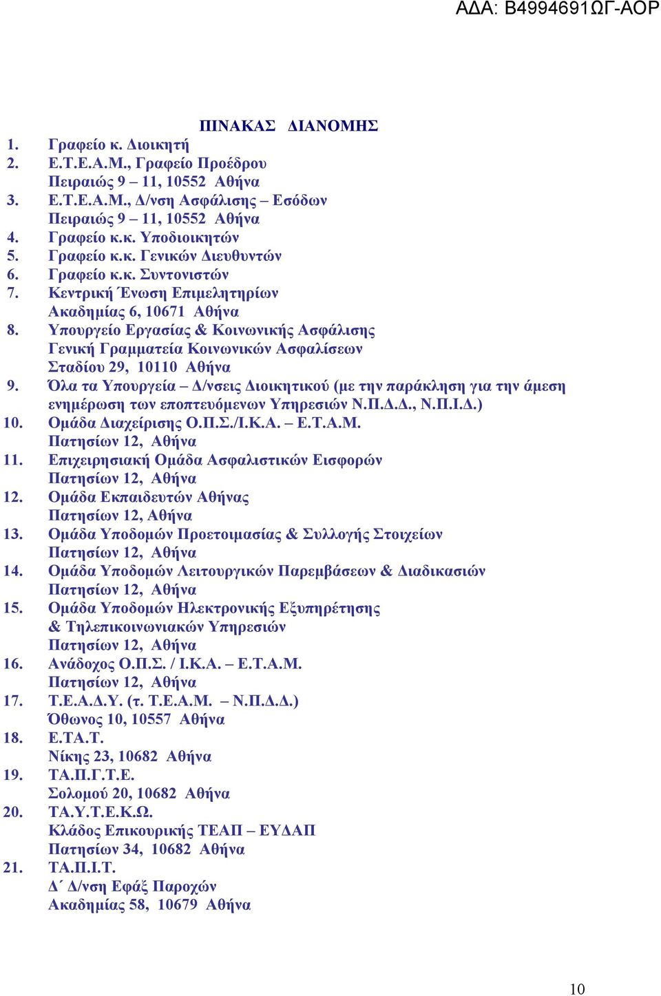 Όλα τα Υπουργεία Δ/νσεις Διοικητικού (με την παράκληση για την άμεση ενημέρωση των εποπτευόμενων Υπηρεσιών Ν.Π.Δ.Δ., Ν.Π.Ι.Δ.) 10. Ομάδα Διαχείρισης Ο.Π.Σ./Ι.Κ.Α. Ε.Τ.Α.Μ. Πατησίων 12, 11.