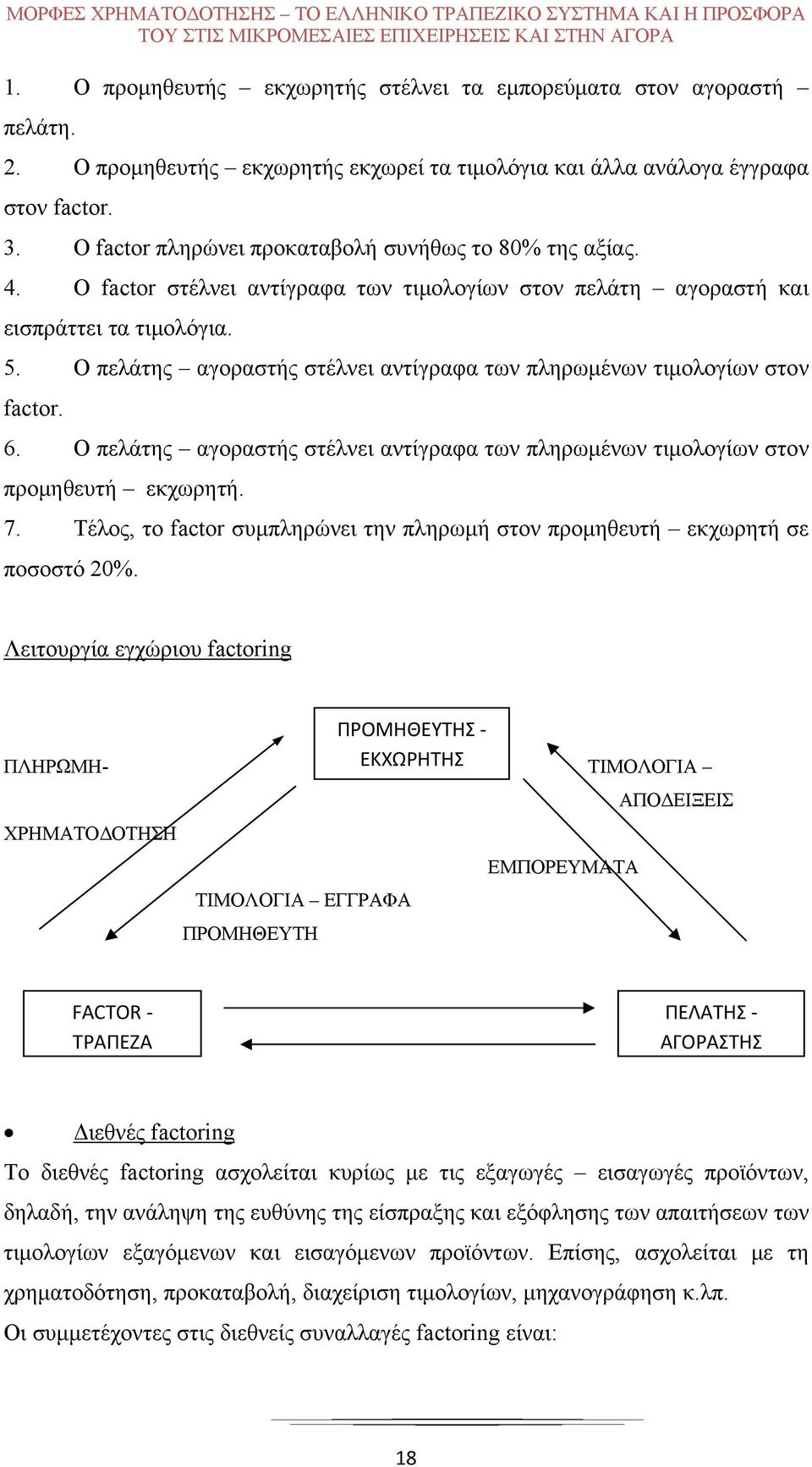 Ο factor στέλνει αντίγραφα των τιμολογίων στον πελάτη αγοραστή και εισπράττει τα τιμολόγια. 5. Ο πελάτης αγοραστής στέλνει αντίγραφα των πληρωμένων τιμολογίων στον factor. 6.