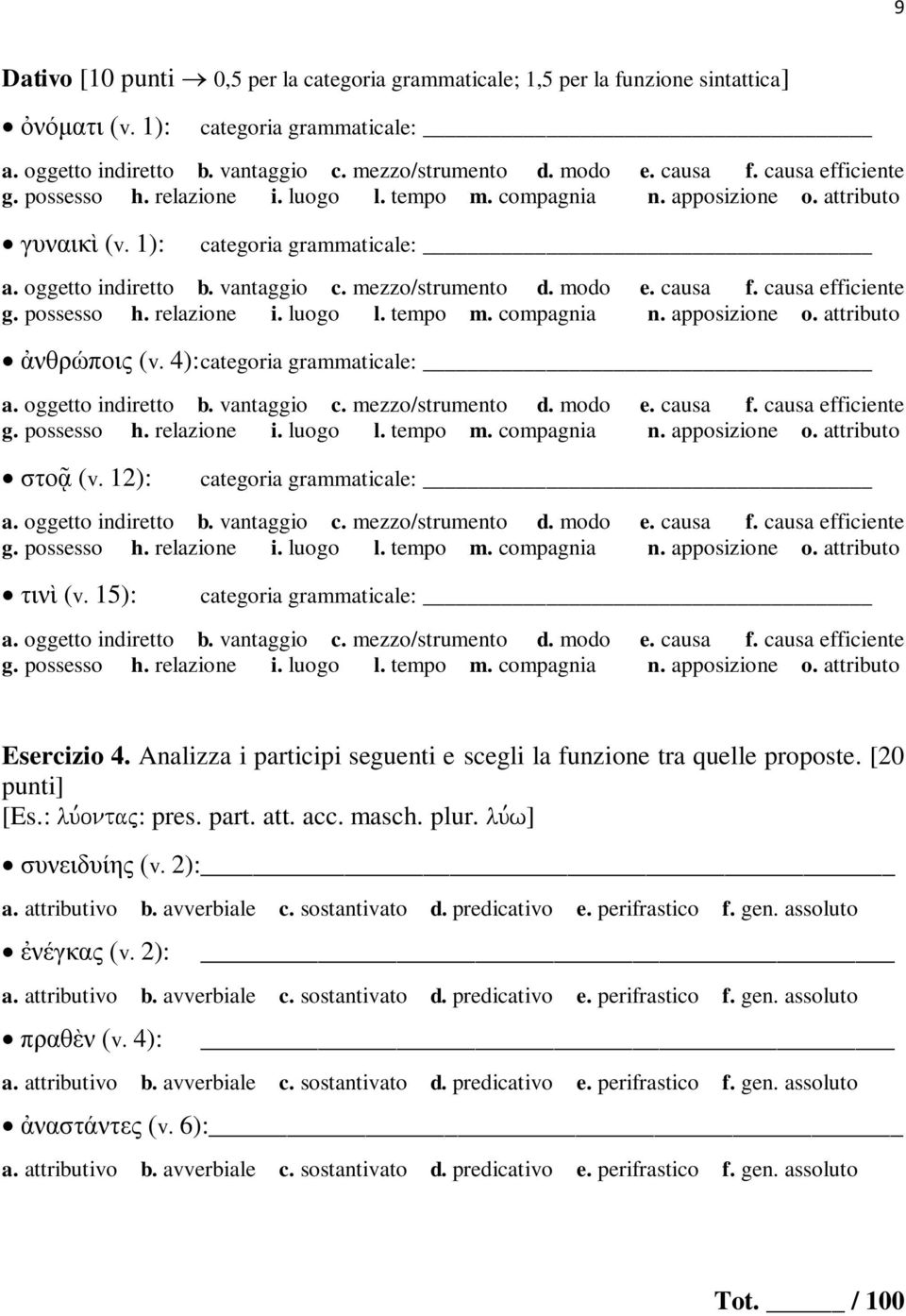 possesso h. relazione i. luogo l. tempo m. compagnia n. apposizione o. attributo ἀνθρώποις (v. 4): a. oggetto indiretto b. vantaggio c. mezzo/strumento d. modo e. causa f. causa efficiente g.