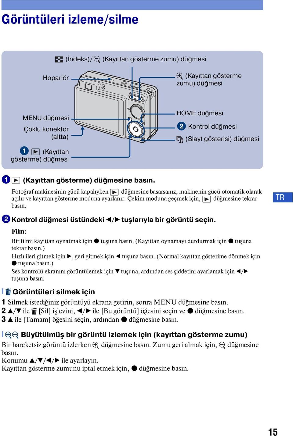 Fotoğraf makinesinin gücü kapalıyken düğmesine basarsanız, makinenin gücü otomatik olarak açılır ve kayıttan gösterme moduna ayarlanır. Çekim moduna geçmek için, düğmesine tekrar basın.